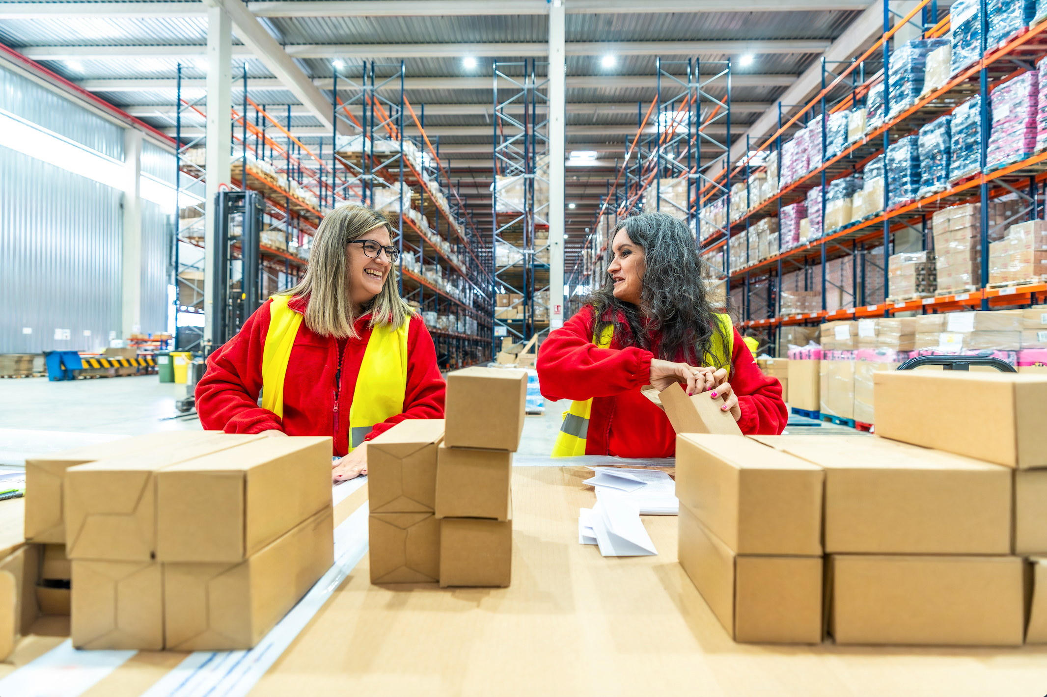 woman handling boxes at a packing station